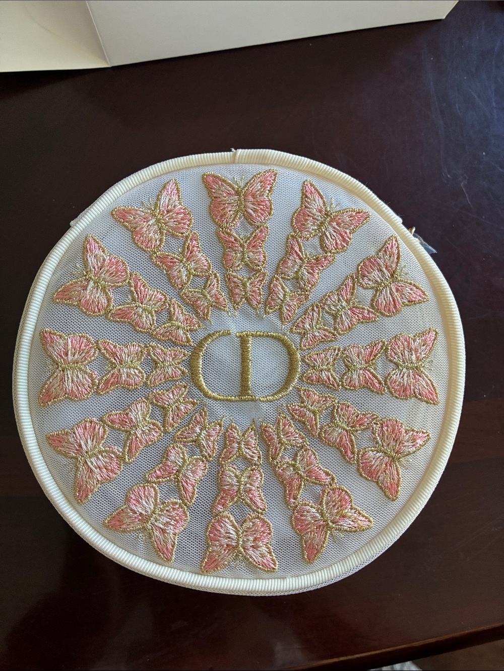 Dior Round Butterfly Embroidered Pouch in Cream, Pink and Gold
